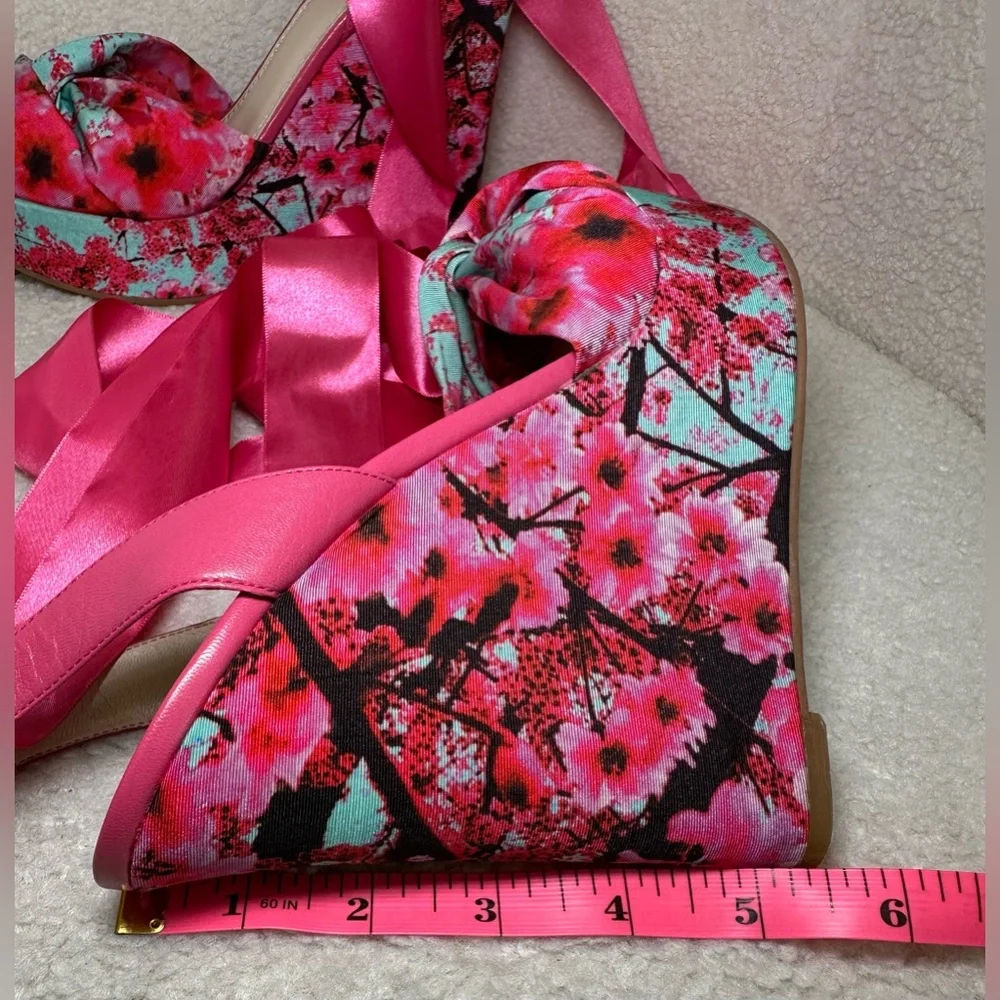 Kirna Zabete wedge platform pink floral flowers ballerina satin leg wrap tie bow
